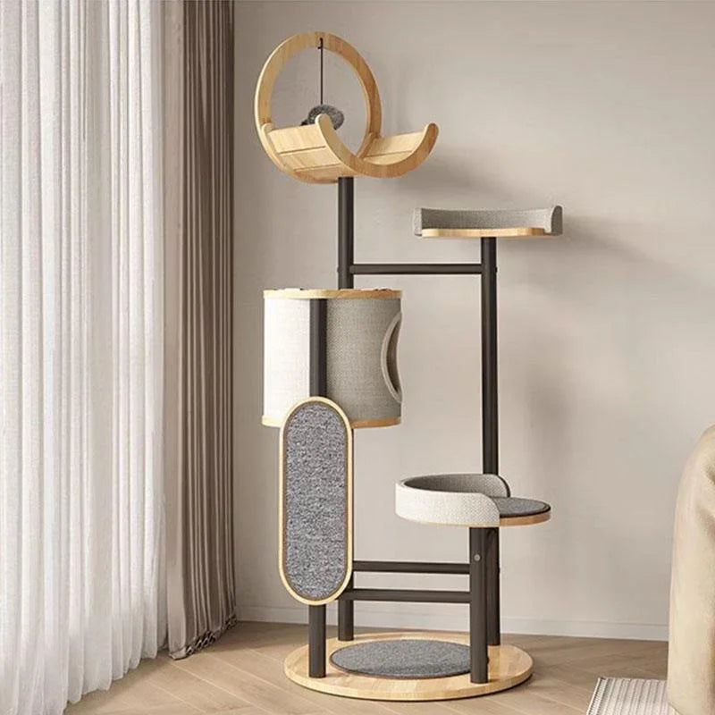 Fawlo Modern Multi-Level Cat Tree – Indoor Pet Furniture Tower with Enclosed Condo, Curved Top Perch, Dangling Toy Ball and Scratching Board