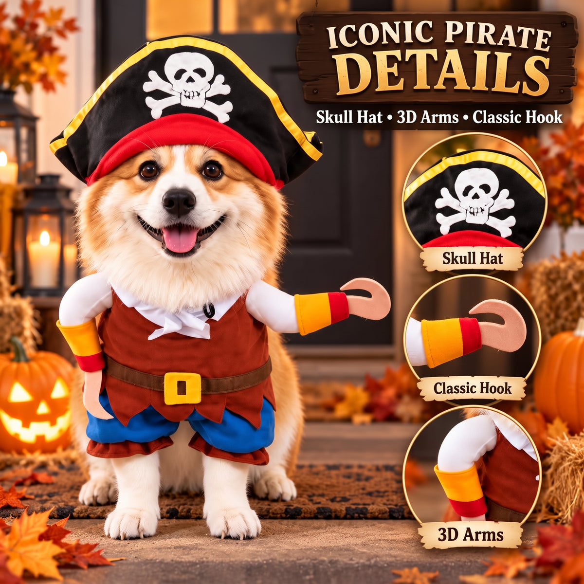 Funny Pirate Dog Costume – Halloween Party Outfit with Skull Hat and Hook Arms