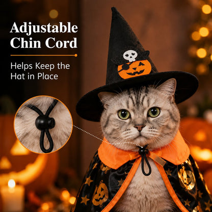 Halloween Cape Cat Costume Set – Witch Hat with Pumpkin Print for Holiday Dress-Up and Photos