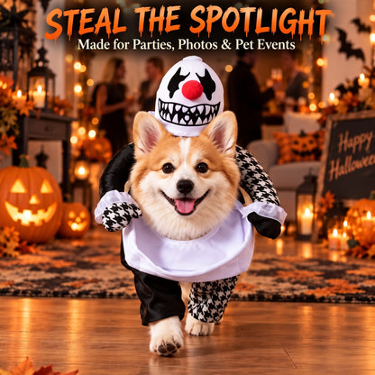 Spooky Clown Dog Costume – Walking Halloween Outfit with Fake Arms and Jester Headpiece for Trick-or-Treating