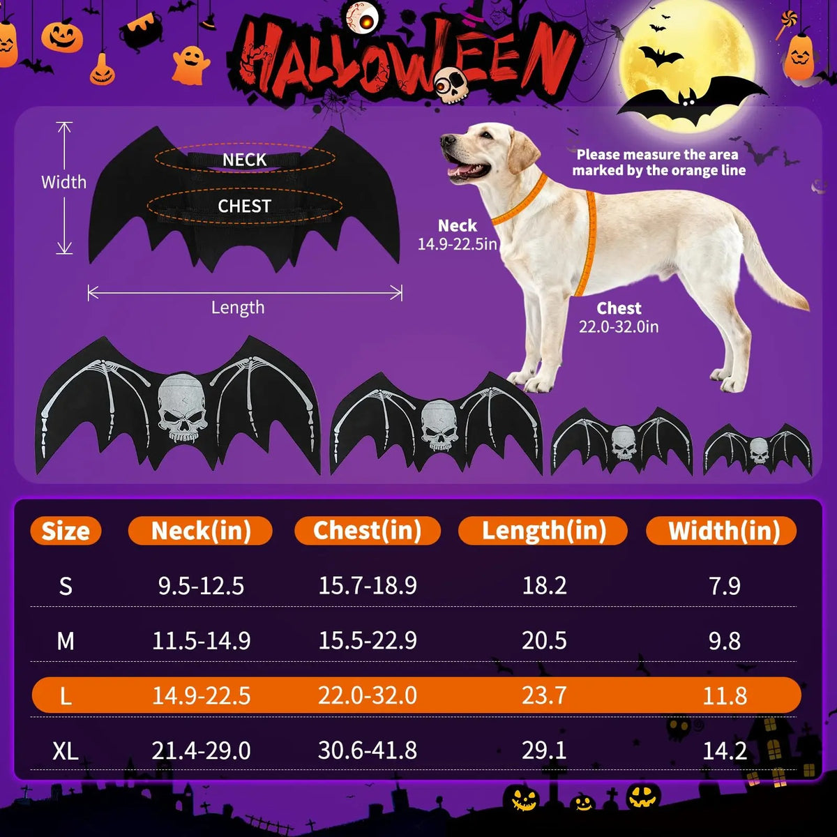 Skeleton Bat Dog Costume – Halloween Pet Wings with Pumpkin Bells for Spooky Party Dress-Up