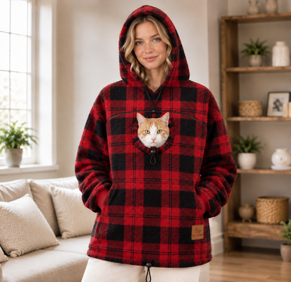 Hands-Free Cuddle Fleece Pattern Pet Carrier Hoodie – Kangaroo Pouch Sweatshirt with Cinch Head Opening and Zipper Pockets