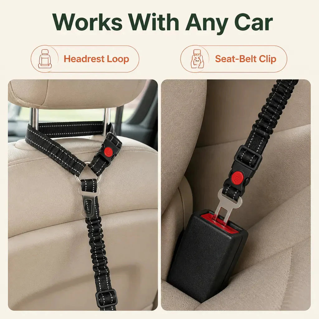Shock-Absorbing Dog Car Seatbelt – Bungee Vehicle Safety Tether with Reflective Headrest Restraint Strap and Swivel Hook