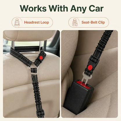 Shock-Absorbing Dog Car Seatbelt – Bungee Vehicle Safety Tether with Reflective Headrest Restraint Strap and Swivel Hook