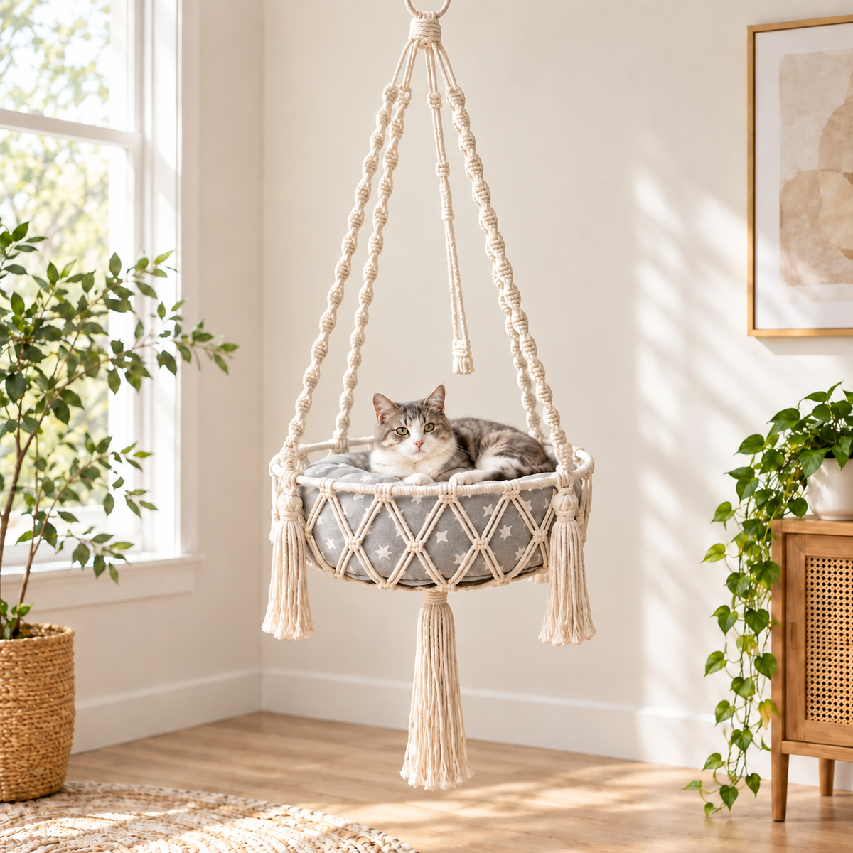 Cozy Hanging Cat Bed – Elevated Indoor Hammock Perch with Star-Pattern Cushion