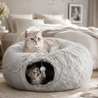Cozy Tunnel Cat Bed – Donut Cave Hideaway with Hanging Interactive Toy for Indoor Sleeping and Playing