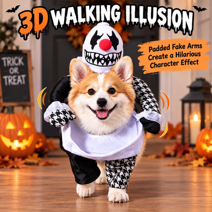 Spooky Clown Dog Costume – Walking Halloween Outfit with Fake Arms and Jester Headpiece for Trick-or-Treating