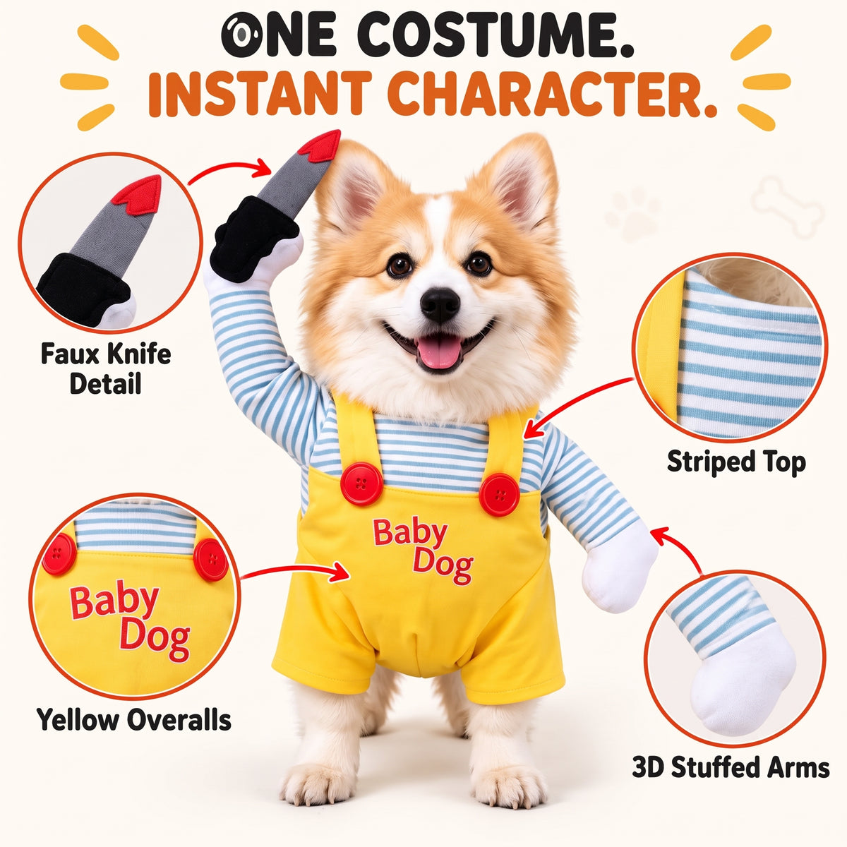 Spooky Doll Pet Halloween Costume – Funny Walking Illusion Outfit with Faux Knife for Parties and Photos