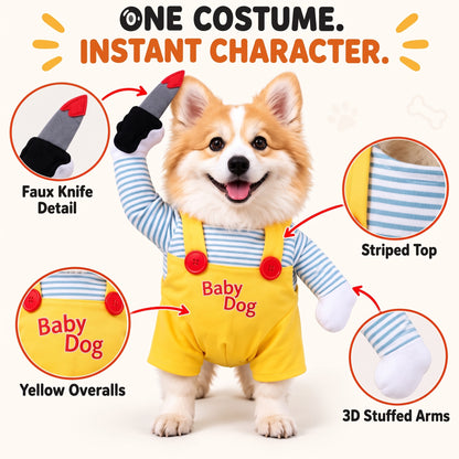 Spooky Doll Pet Halloween Costume – Funny Walking Illusion Outfit with Faux Knife for Parties and Photos