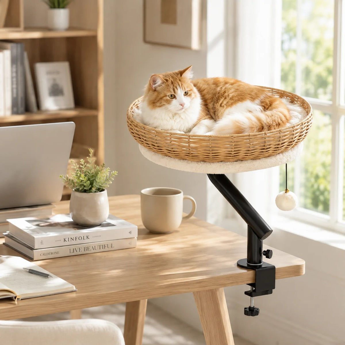 Rotating Clamp Cat Desk Perch – 360-Degree Swivel Elevated Table Hammock with Hanging Dangle Toy for Indoor Cats
