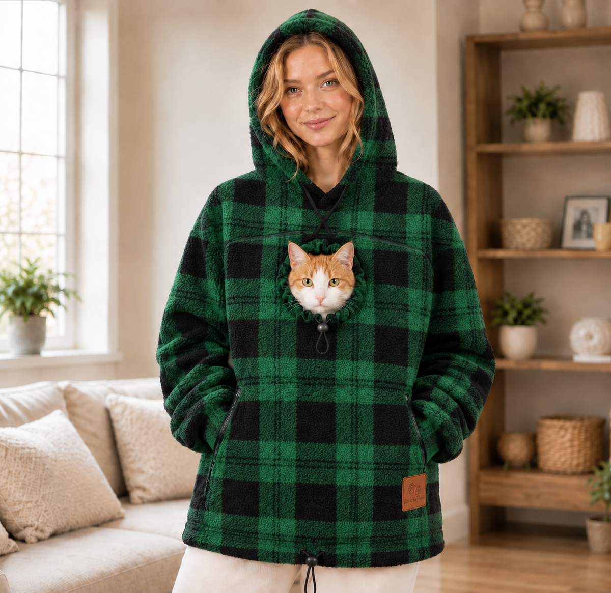 Hands-Free Cuddle Fleece Pattern Pet Carrier Hoodie – Kangaroo Pouch Sweatshirt with Cinch Head Opening and Zipper Pockets
