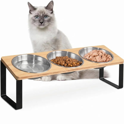 Elevated Tilted Cat Feeder – 3-Bowl Neck-Protection Food and Water Station with Spill-Proof Mat