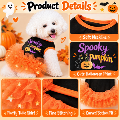 Halloween Tutu Dog Dress – Festive Pumpkin Star Print Costume Outfit for Holiday Parties