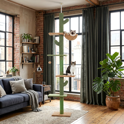 Cactus Floor-to-Ceiling Cat Tree – Tall Indoor Climbing Tower with Scratching Post Hammock and Hanging Ball