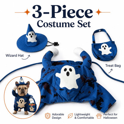 Glow Ghost Pet Costume – Luminous Trick-or-Treat Cosplay Apparel with Hat and Treat Bucket