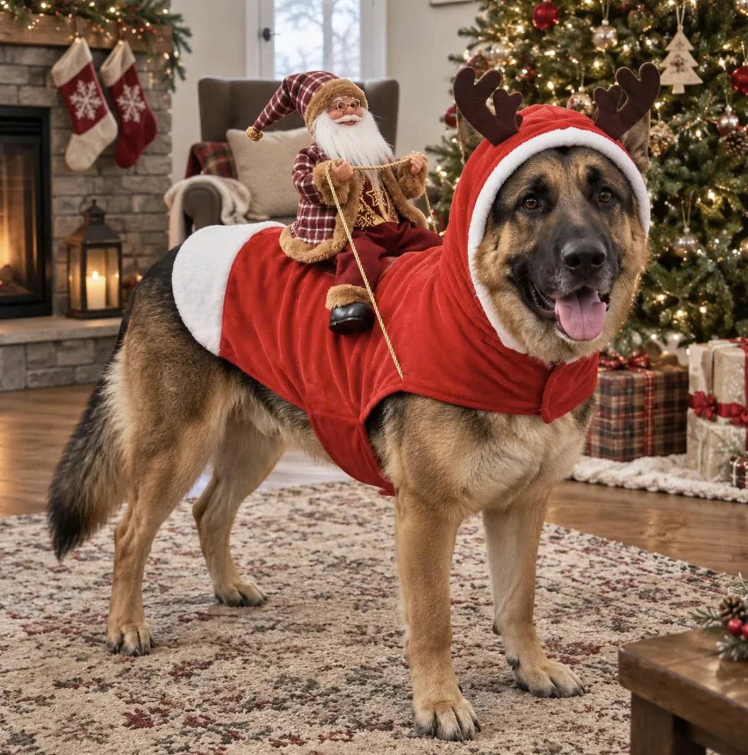 Reindeer Santa Dog Costume – Festive Holiday Plush Rider Pet Cosplay Outfit With Antler Hood