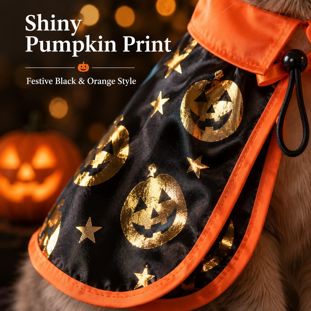 Halloween Cape Cat Costume Set – Witch Hat with Pumpkin Print for Holiday Dress-Up and Photos