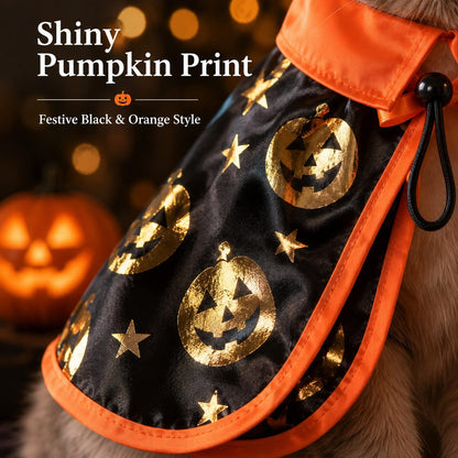 Halloween Cape Cat Costume Set – Witch Hat with Pumpkin Print for Holiday Dress-Up and Photos