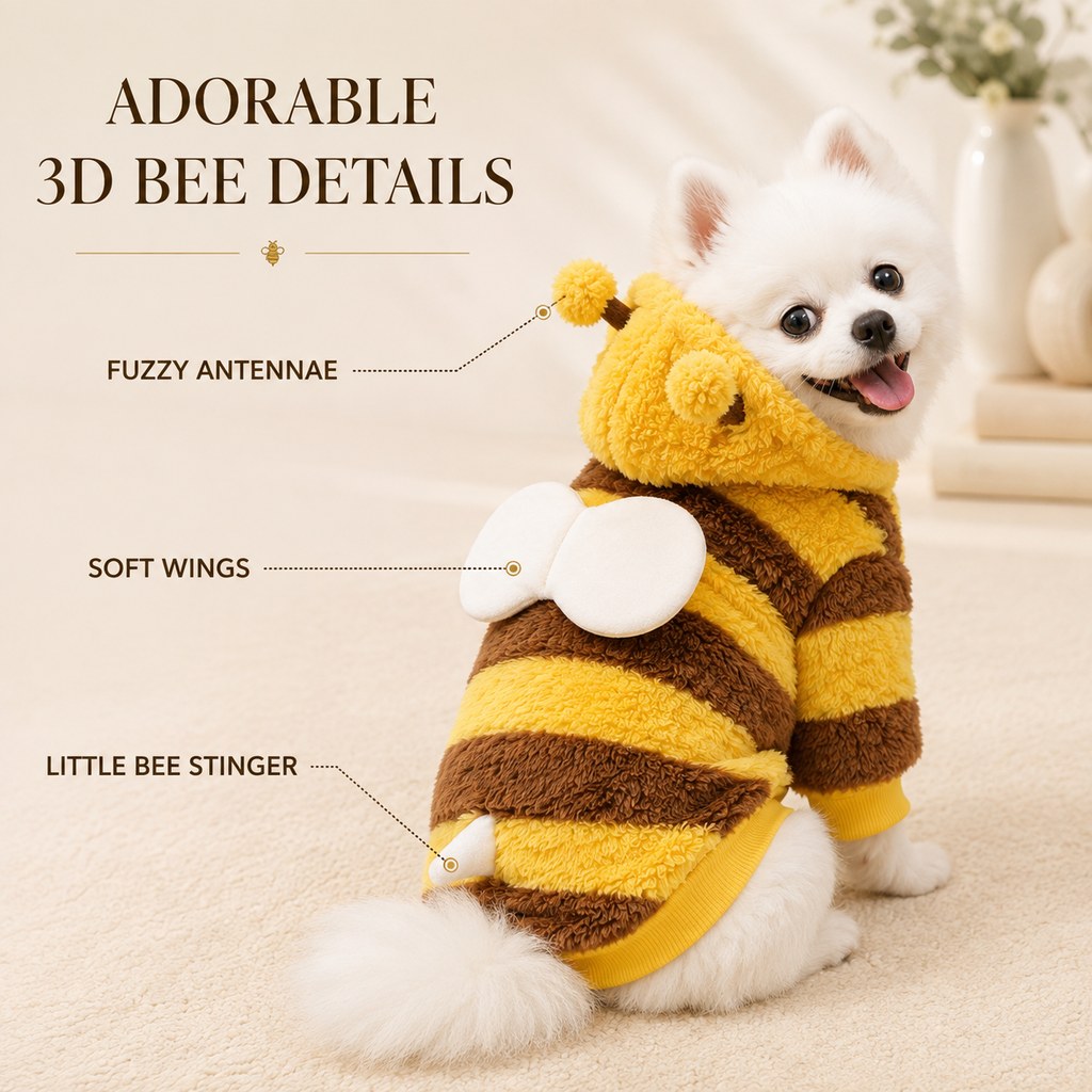 Cute Striped Dog Hoodie – Warm Bumblebee Pet Costume Pullover with Wings and Antennae