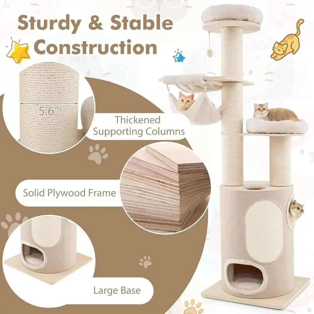Multi-Level Tall Cat Tree – Indoor Activity Tower With Condo Hammock Scratching Posts And Dangling Play Ball