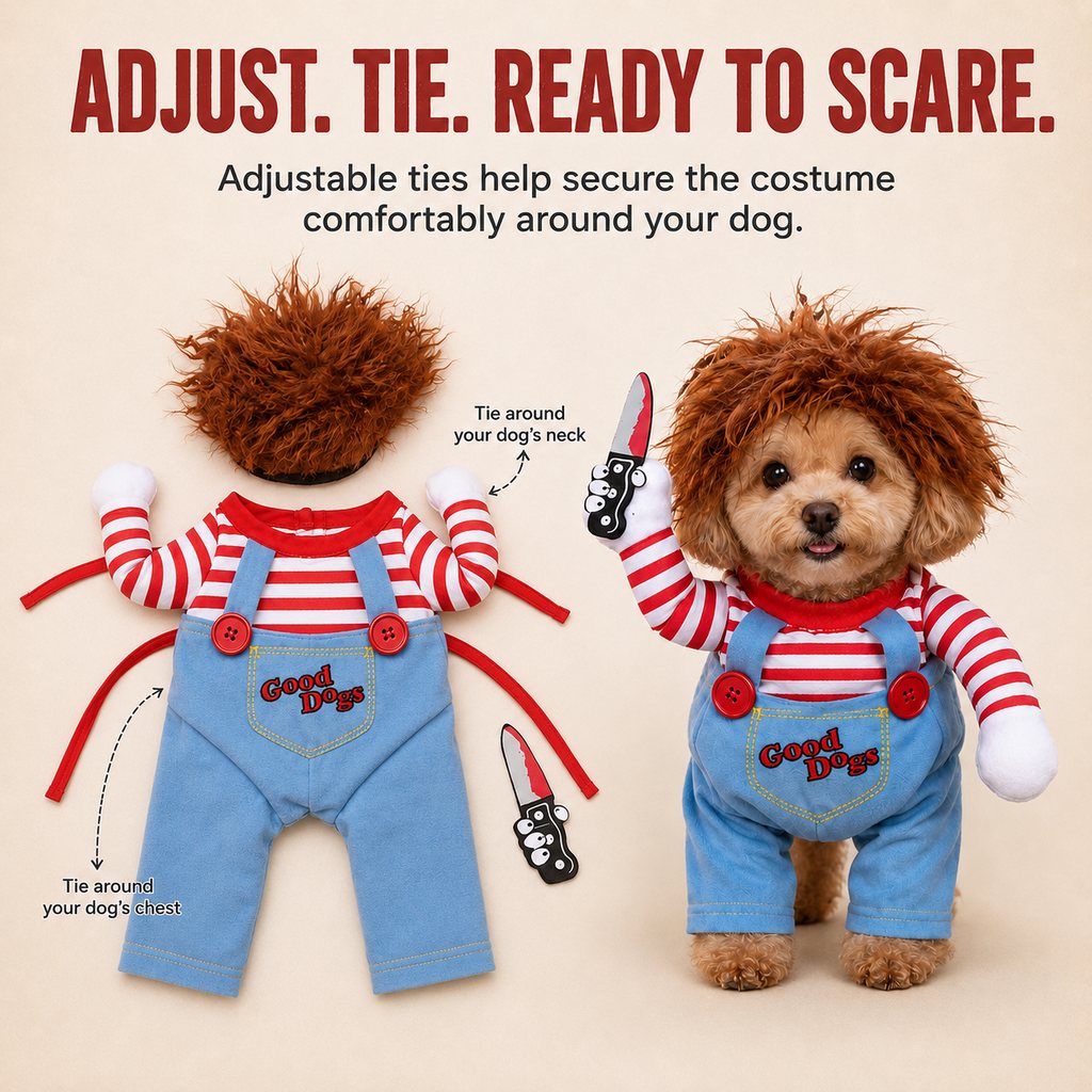 Scary Doll Dog Costume – Walking Illusion Pet Outfit with Wig & Prop Toy Knife for Halloween Trick-or-Treating