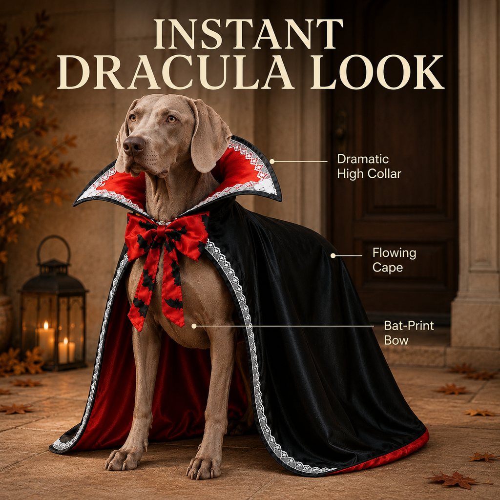 Vampire Cape Dog Halloween Costume – Dracula Cloak with Lace Trim Collar and Bat Bowknot for Parties