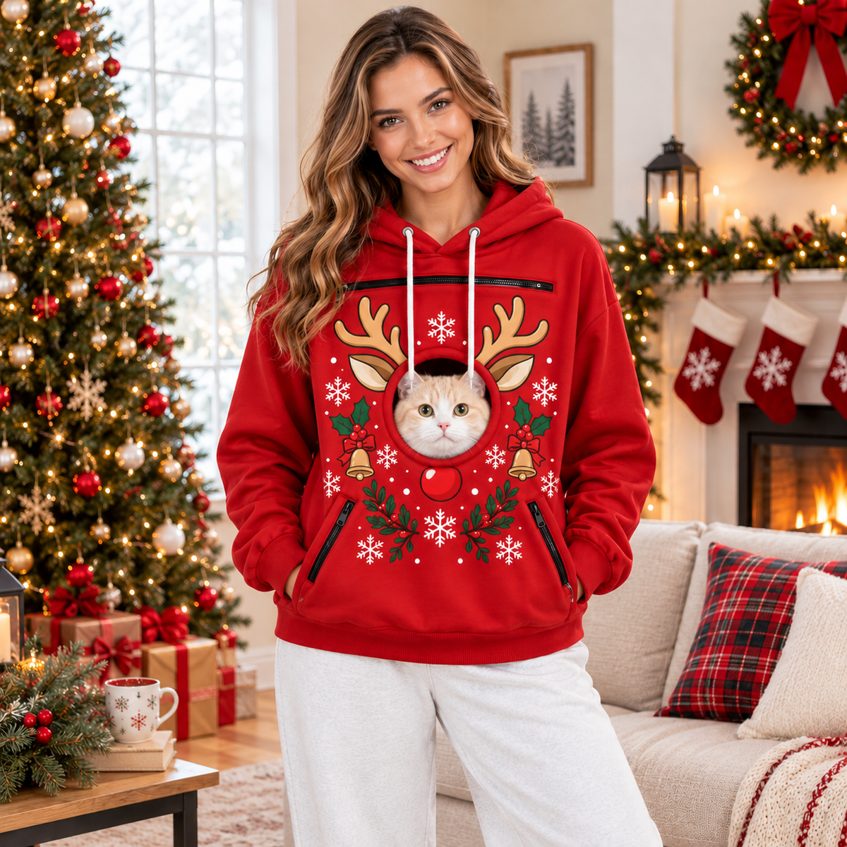 Pawla Holiday Pet Pouch Hoodie – Festive Christmas Reindeer Graphic Cat Carrier Sweatshirt