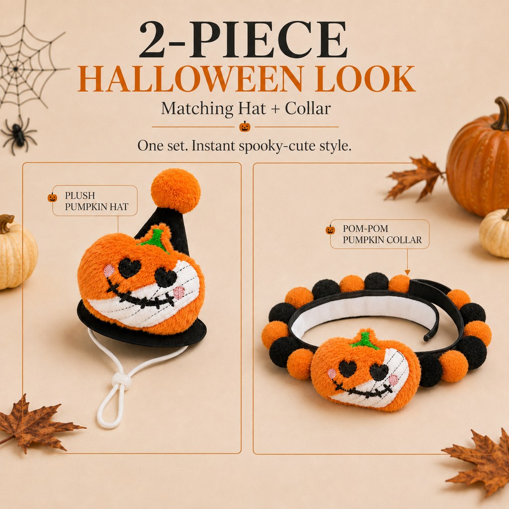 Festive Halloween Pet Costume Set – Cute Pom-Pom Collar And Hat For Cats And Dogs