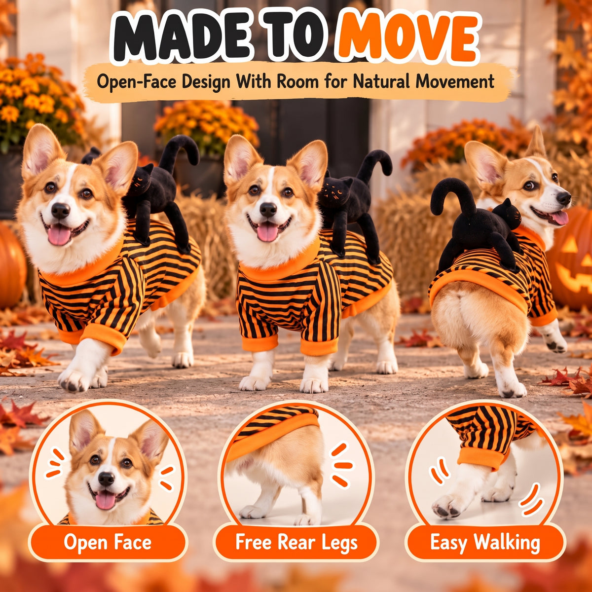 Cat Rider Halloween Dog Costume – Striped Orange-and-Black Pullover Outfit for Trick-or-Treating and Pet Parties