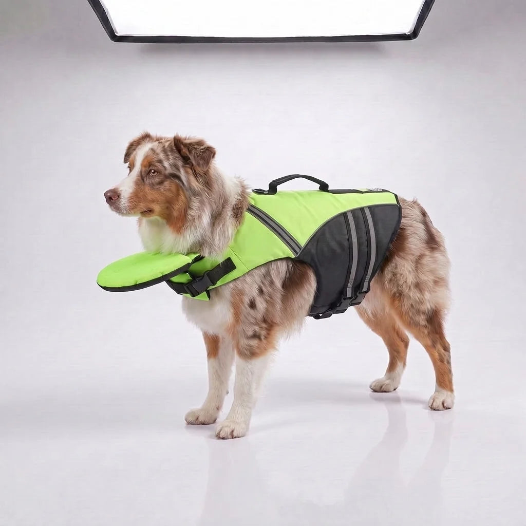 Buoyant Chin-Rest Dog Life Jacket – High-Visibility Swim Vest with Rescue Grab Handle and Reflective Safety Accents
