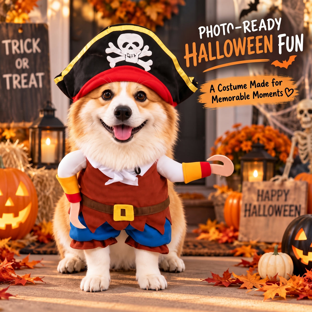 Funny Pirate Dog Costume – Halloween Party Outfit with Skull Hat and Hook Arms