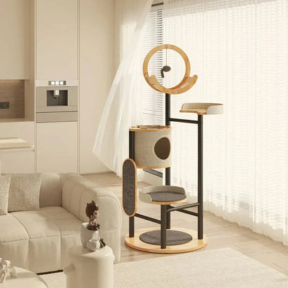 Fawlo Modern Multi-Level Cat Tree – Indoor Pet Furniture Tower with Enclosed Condo, Curved Top Perch, Dangling Toy Ball and Scratching Board