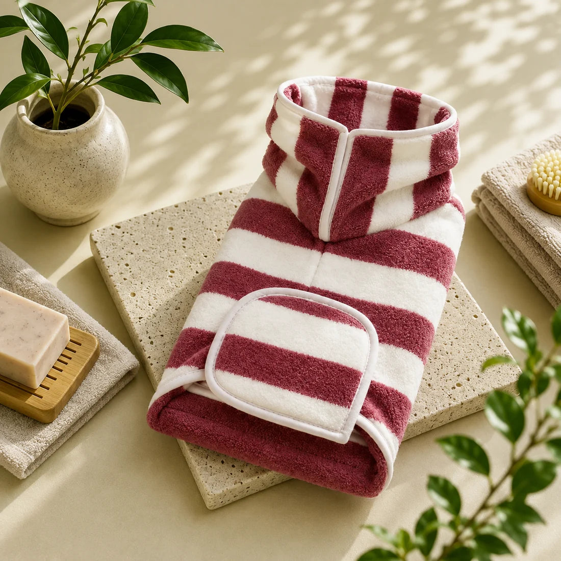 Striped Fast-Drying Dog Bathrobe – High-Neck Pet Drying Coat for Post-Bath Grooming