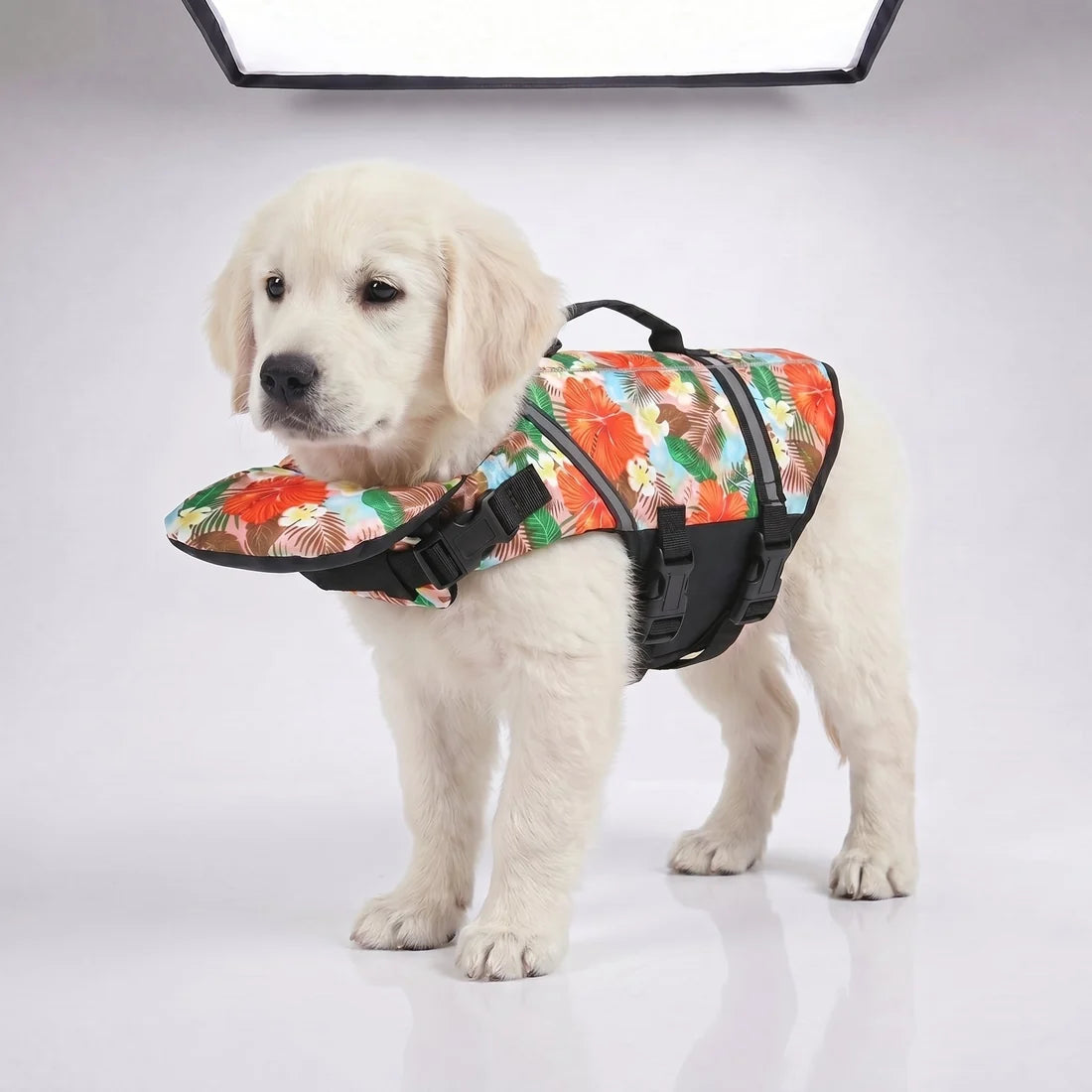 Buoyant Chin-Rest Dog Life Jacket – High-Visibility Swim Vest with Rescue Grab Handle and Reflective Safety Accents