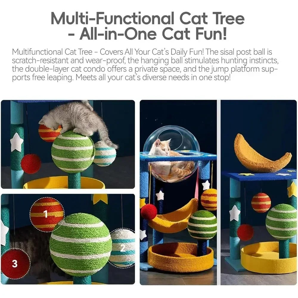 Space Capsule Cat Tree – Clear Dome Perch with Hammock Bed and Scratching Posts for Indoor Kittens