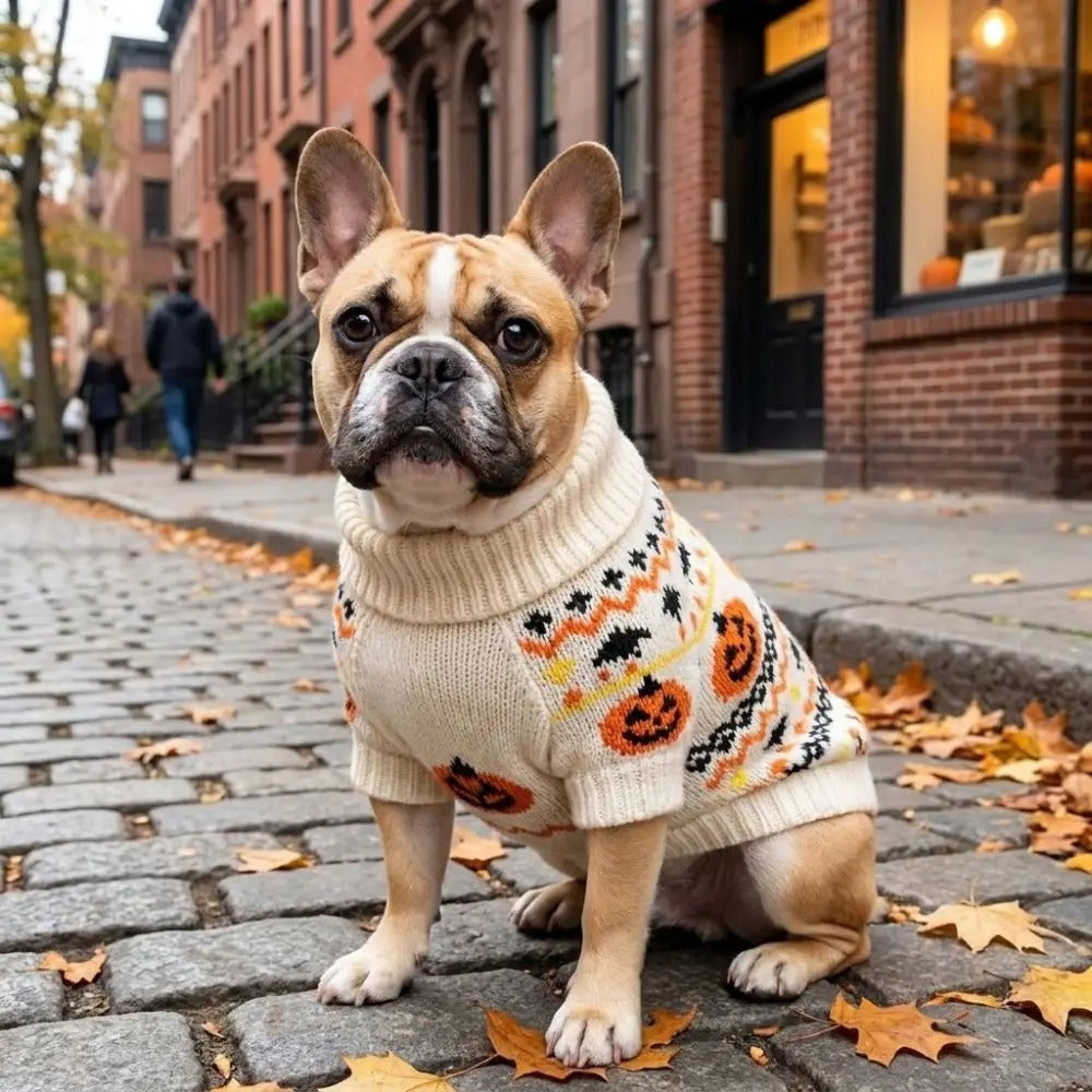 Cozy Pumpkin Dog Sweater – Halloween Pet Apparel with Turtleneck Collar for Cold-Weather Holiday Walks