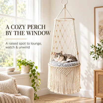 Cozy Hanging Cat Bed – Elevated Indoor Hammock Perch with Star-Pattern Cushion