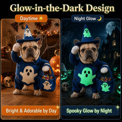 Glow Ghost Pet Costume – Luminous Trick-or-Treat Cosplay Apparel with Hat and Treat Bucket