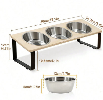 Elevated Tilted Cat Feeder – 3-Bowl Neck-Protection Food and Water Station with Spill-Proof Mat