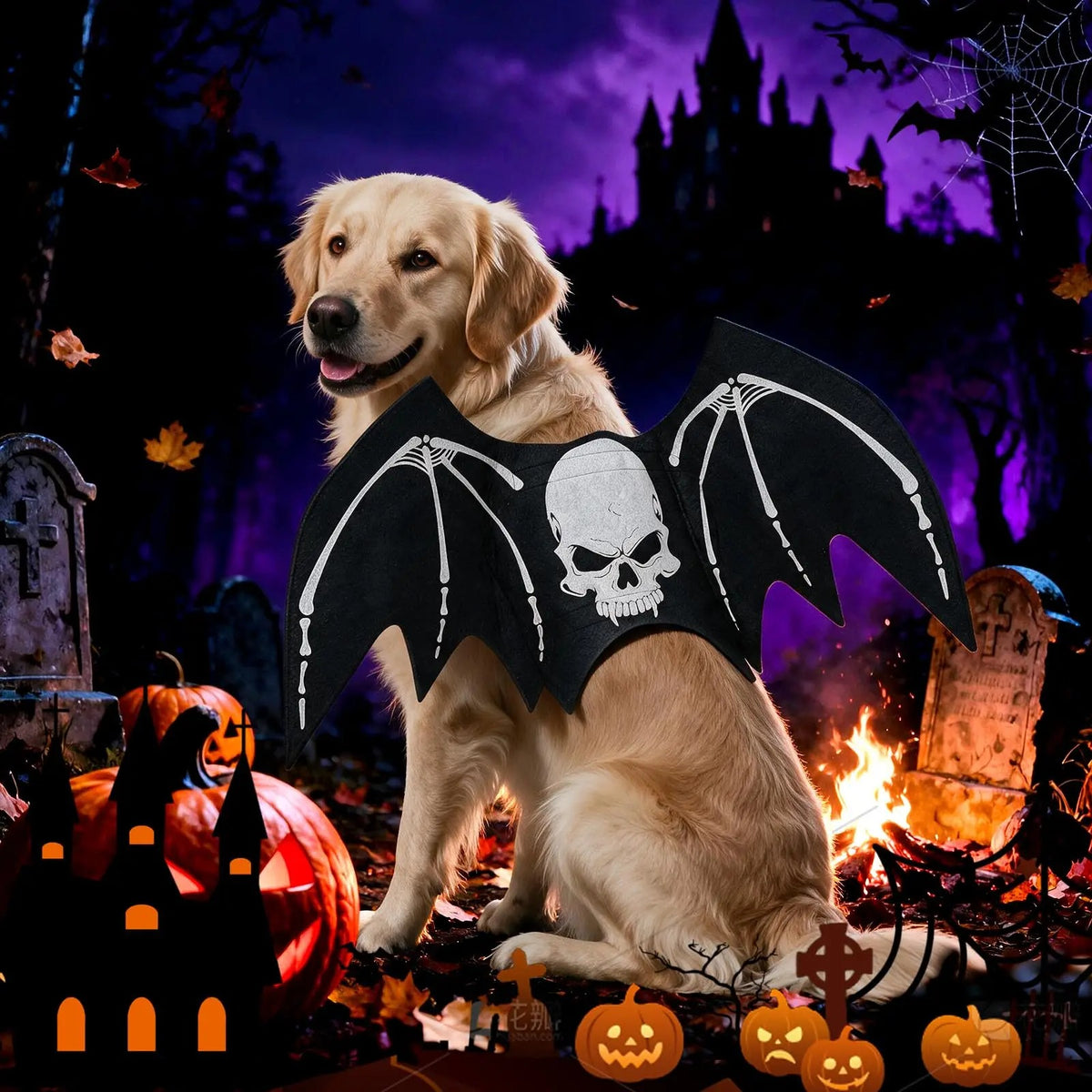 Skeleton Bat Dog Costume – Halloween Pet Wings with Pumpkin Bells for Spooky Party Dress-Up