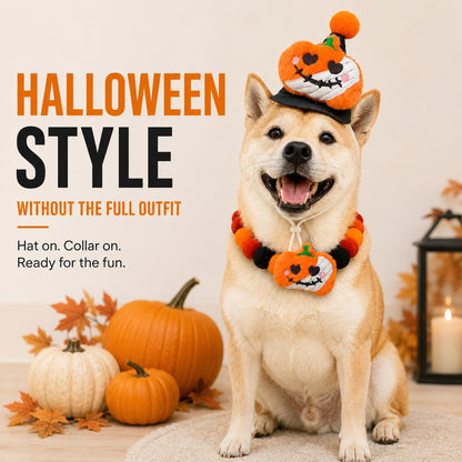 Festive Halloween Pet Costume Set – Cute Pom-Pom Collar And Hat For Cats And Dogs
