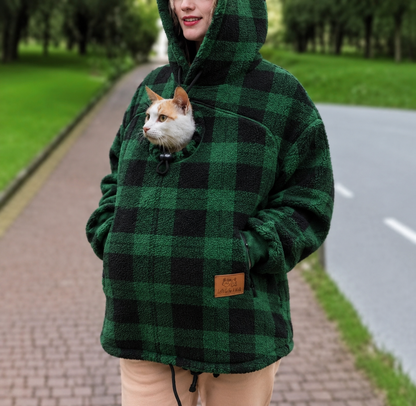 Hands-Free Cuddle Fleece Pattern Pet Carrier Hoodie – Kangaroo Pouch Sweatshirt with Cinch Head Opening and Zipper Pockets