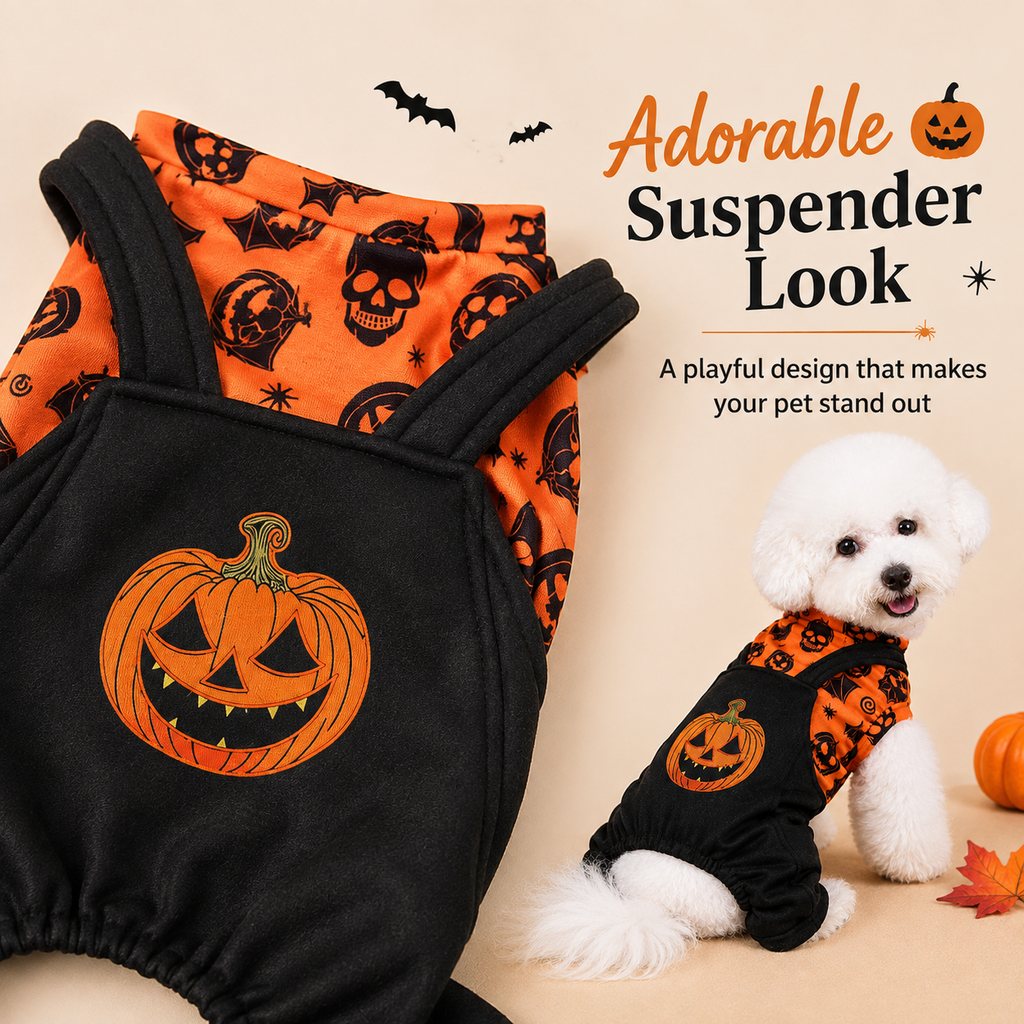 Festive Pumpkin Dog Jumpsuit – Spooky Halloween Costume Apparel for Puppy Parties and Holiday Trick-or-Treating Photos