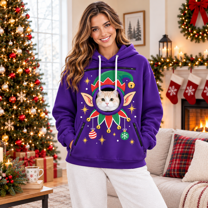Pawla Holiday Pet Pouch Hoodie – Festive Christmas Reindeer Graphic Cat Carrier Sweatshirt