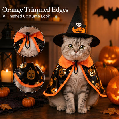 Halloween Cape Cat Costume Set – Witch Hat with Pumpkin Print for Holiday Dress-Up and Photos