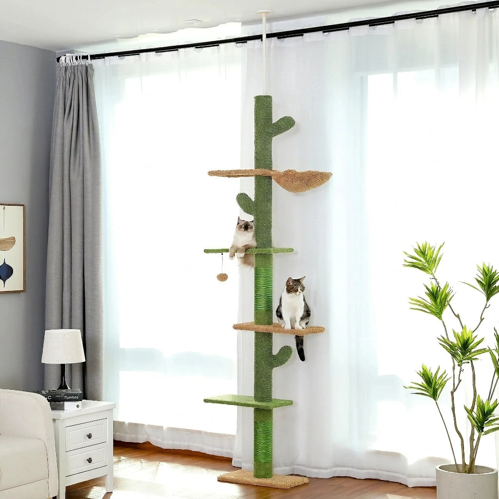 Cactus Floor-to-Ceiling Cat Tree – Tall Indoor Climbing Tower with Scratching Post Hammock and Hanging Ball