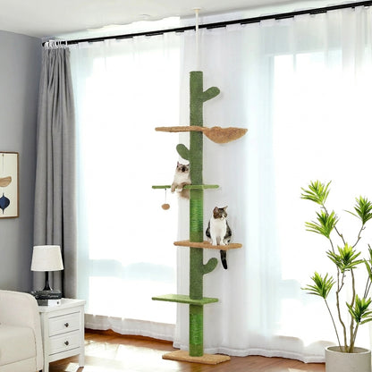 Cactus Floor-to-Ceiling Cat Tree – Tall Indoor Climbing Tower with Scratching Post Hammock and Hanging Ball