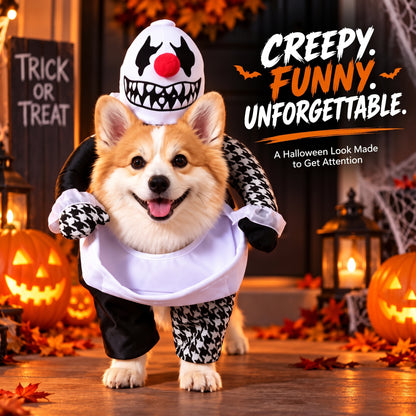 Spooky Clown Dog Costume – Walking Halloween Outfit with Fake Arms and Jester Headpiece for Trick-or-Treating