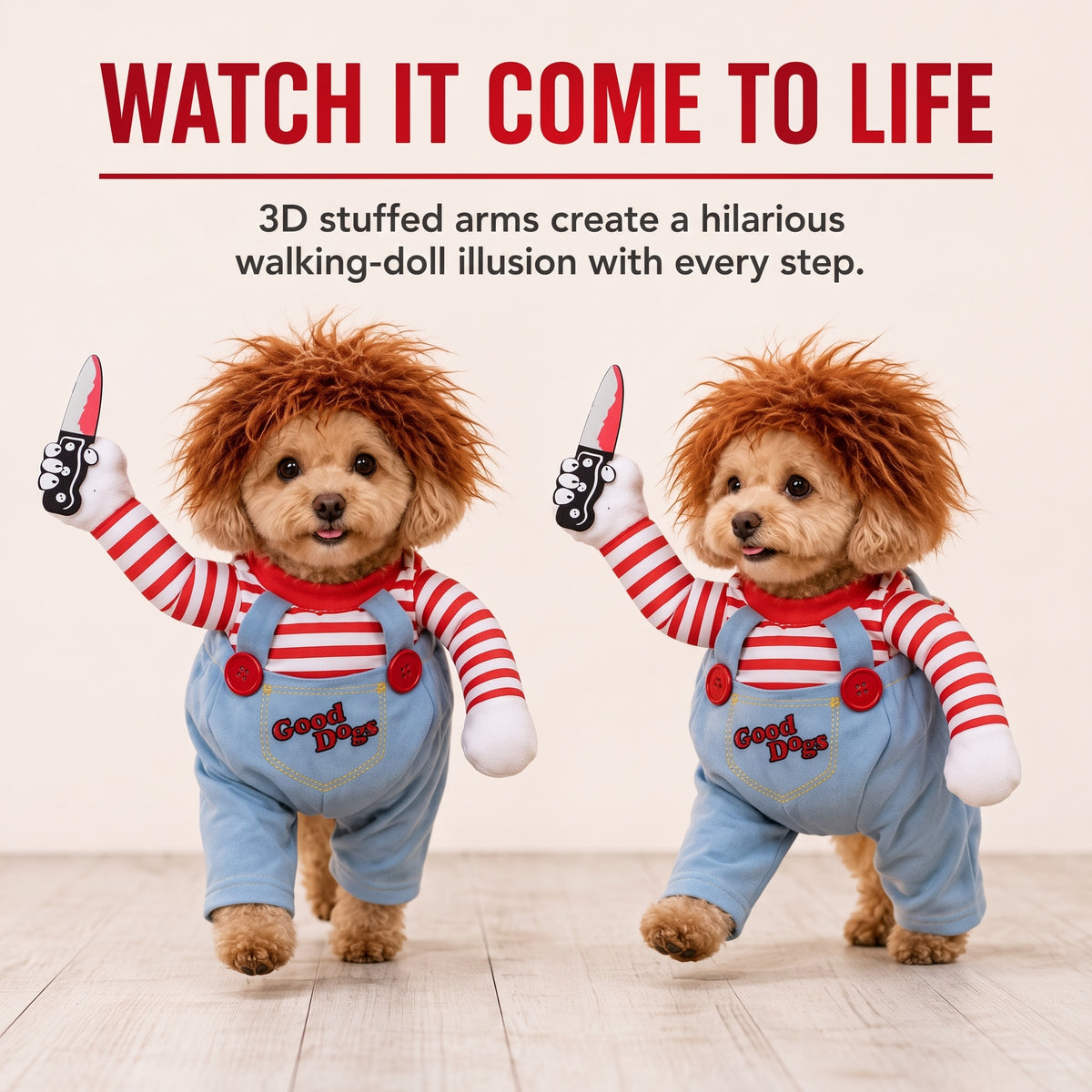 Scary Doll Dog Costume – Walking Illusion Pet Outfit with Wig & Prop Toy Knife for Halloween Trick-or-Treating