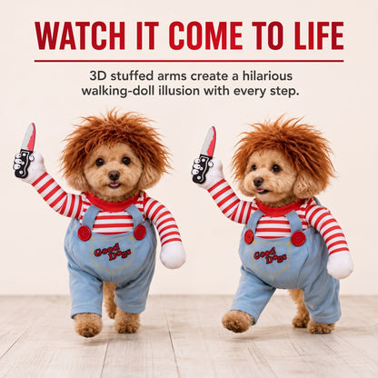 Scary Doll Dog Costume – Walking Illusion Pet Outfit with Wig & Prop Toy Knife for Halloween Trick-or-Treating